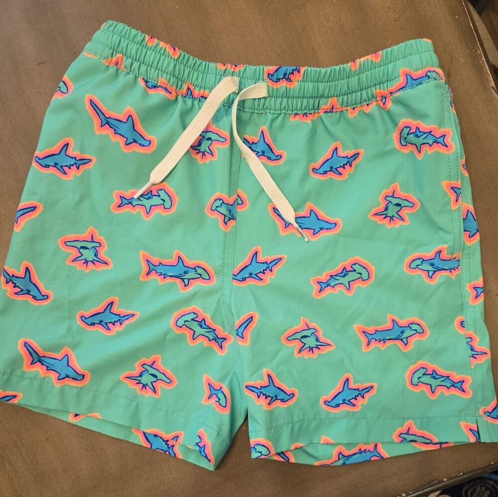 Chubbies Swim Trunks. Youth Small - 8/9 Green with Sharks. Lined.